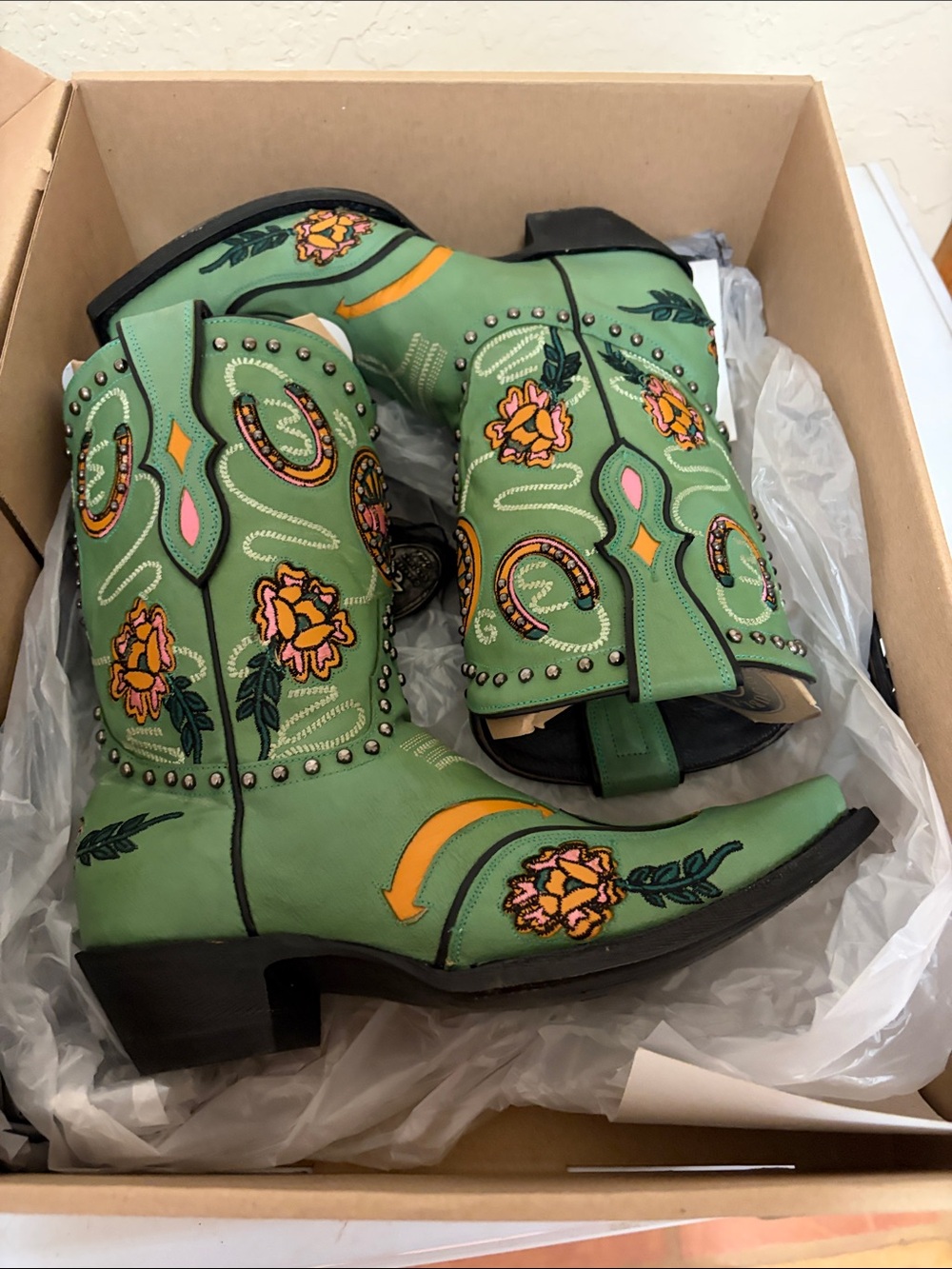 Double D Ranch Green Western Heeled Boots with Pink & Orange Embroidery - Picture 5 of 6